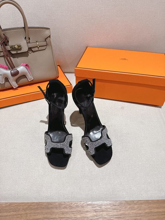 Hermes Square Toe Rhinestone High Heel Elegant Sandals