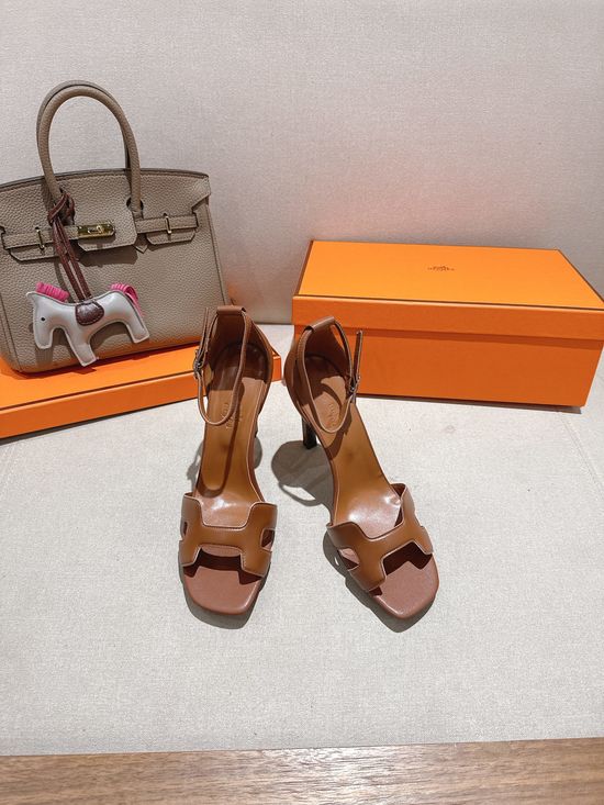 Hermes Square Toe Leather High Heel Casual Sandals