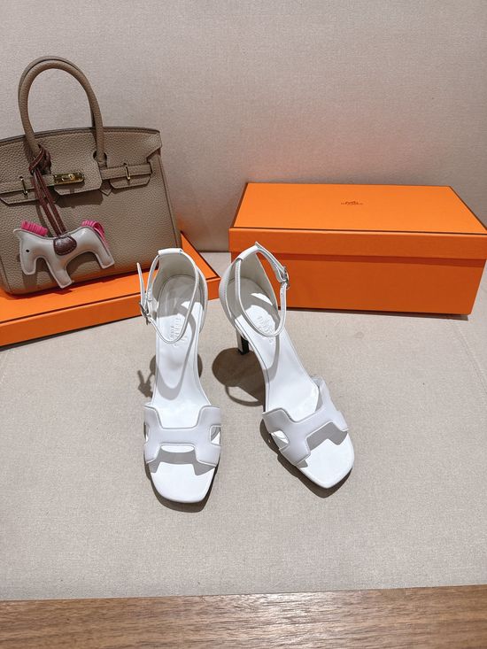 Hermes Square Toe Leather High Heel Casual Sandals