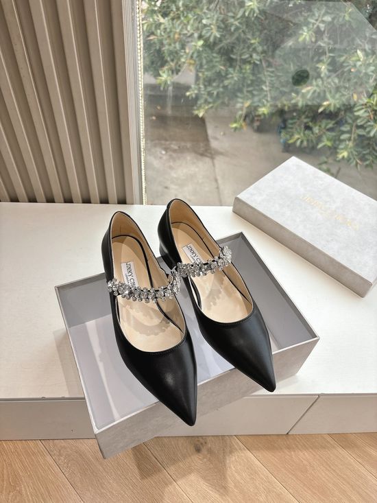 Jimmy Choo Patent Leather Pointed Toe Heels with Handmade Floral Detail