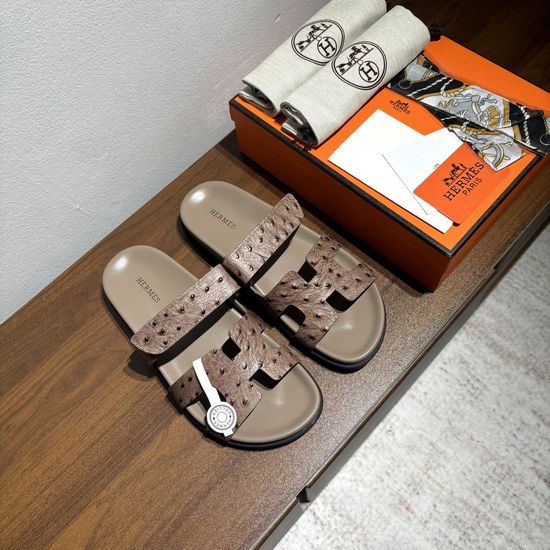 Hermes Ostrich Pattern Genuine Leather Non-slip Comfortable Sandals
