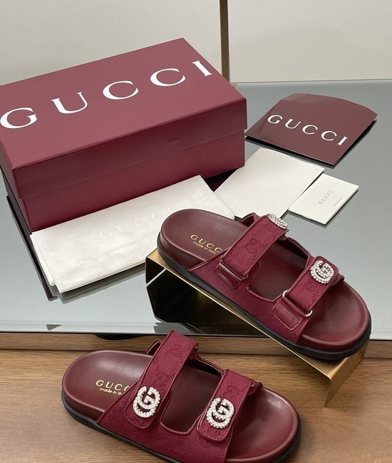 Gucci Monogram Canvas Rhinestone Buckle Flat Casual Slide Sandals