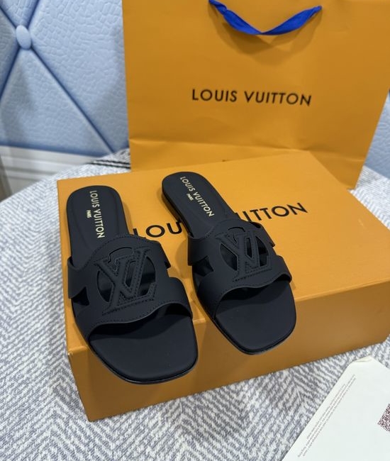 Louis Vuitton LV Denim Canvas Open Toe Flat Sandals with Leather Trims
