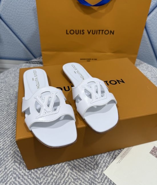 Louis Vuitton LV Denim Canvas Open Toe Flat Sandals with Leather Trims
