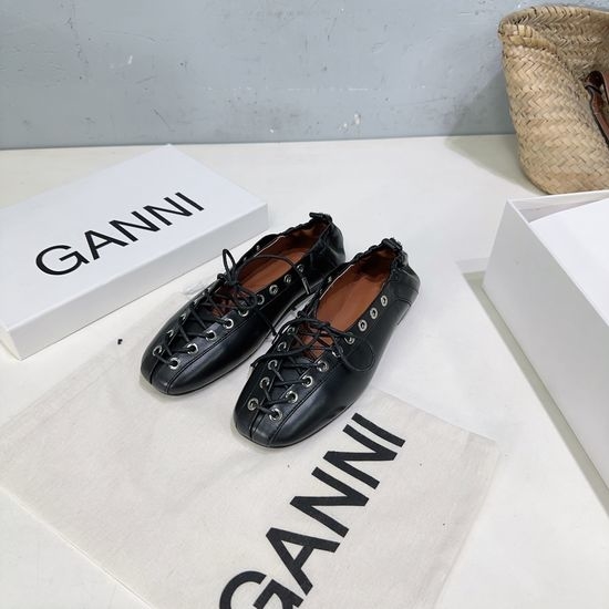 Ganni Square Toe Lace Up Leather Flats Comfortable Non Slip Daily Footwear