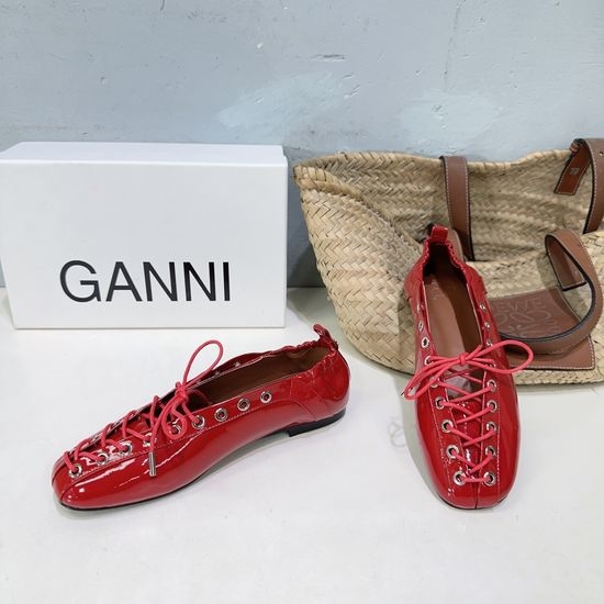 Ganni Square Toe Lace Up Leather Flats Comfortable Non Slip Daily Footwear