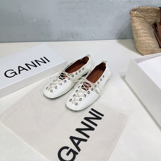 Ganni Square Toe Lace Up Leather Flats Comfortable Non Slip Daily Footwear
