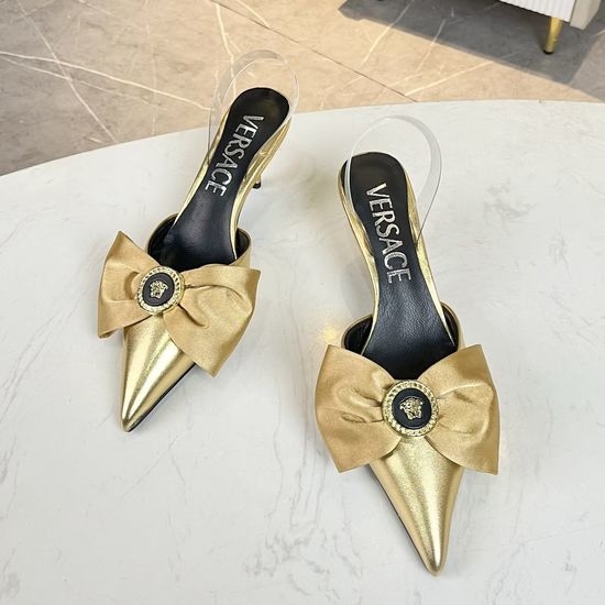 Versace Cowhide Silk Bow Low Heel Slide Sandals