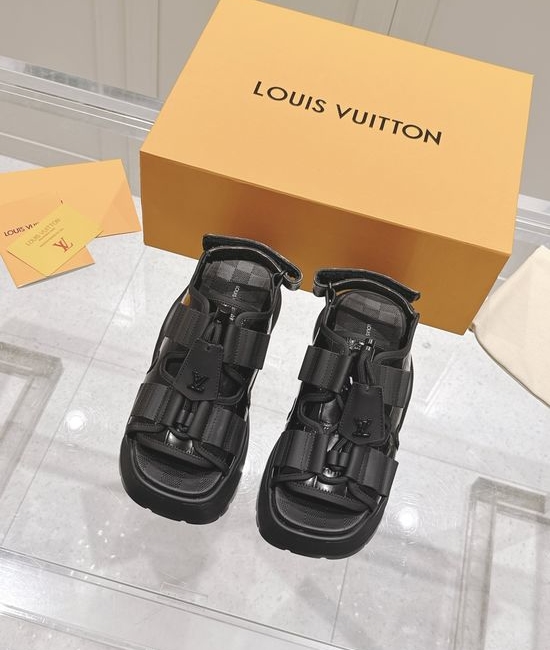 Louis Vuitton LV Canvas Platform Sandals with Leather Trim and Comfort Insole