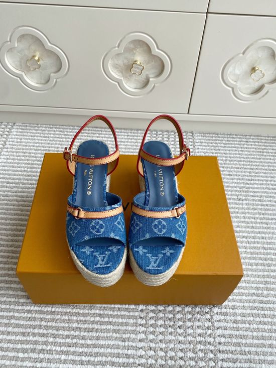 Louis Vuitton Denim Printed Woven Espadrille Wedge Sandals