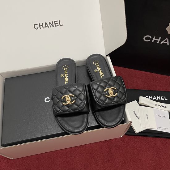 Chanel Timeless Quilted Buckle Leather Slip On Slides Premium