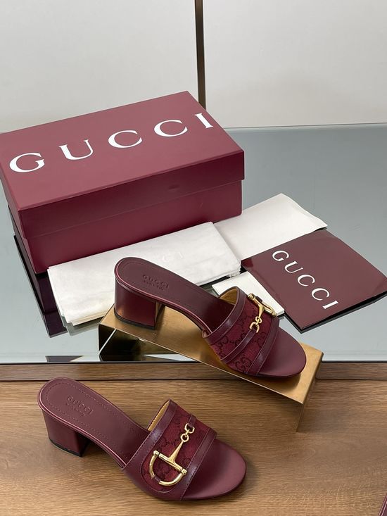 Gucci Gold Buckle Sheepskin Block Heel Slide Sandals