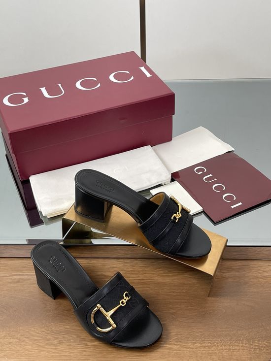 Gucci Gold Buckle Sheepskin Block Heel Slide Sandals