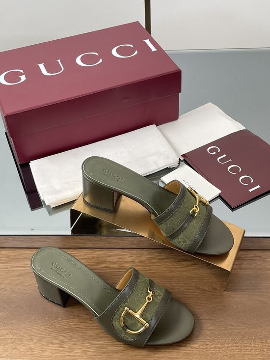Gucci Gold Buckle Sheepskin Block Heel Slide Sandals
