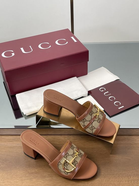 Gucci Gold Buckle Sheepskin Block Heel Slide Sandals