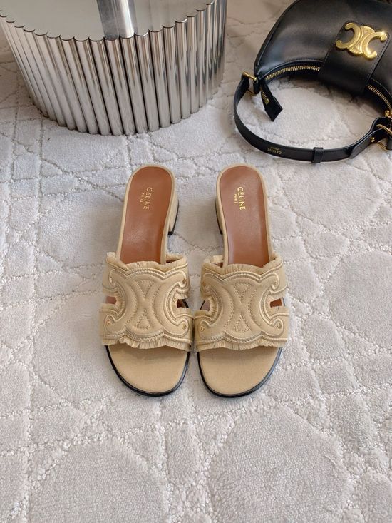 Celine Denim Chunky Heel Slippers with Sheepskin Lining