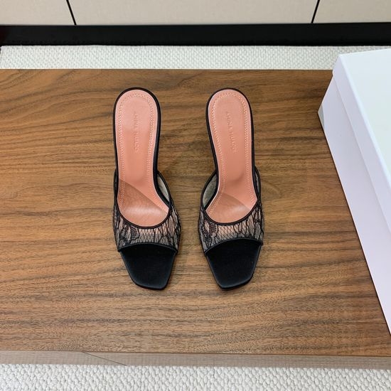 Amina Muaddi Lace Mesh Mule Heel Sheepskin Insole Leather Sole