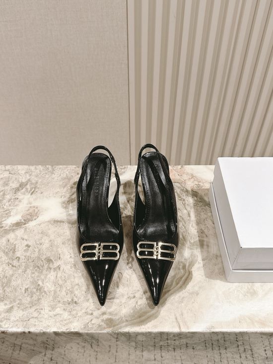 Balenciaga Pointed Toe Patent Leather Rhinestone Buckle Flats