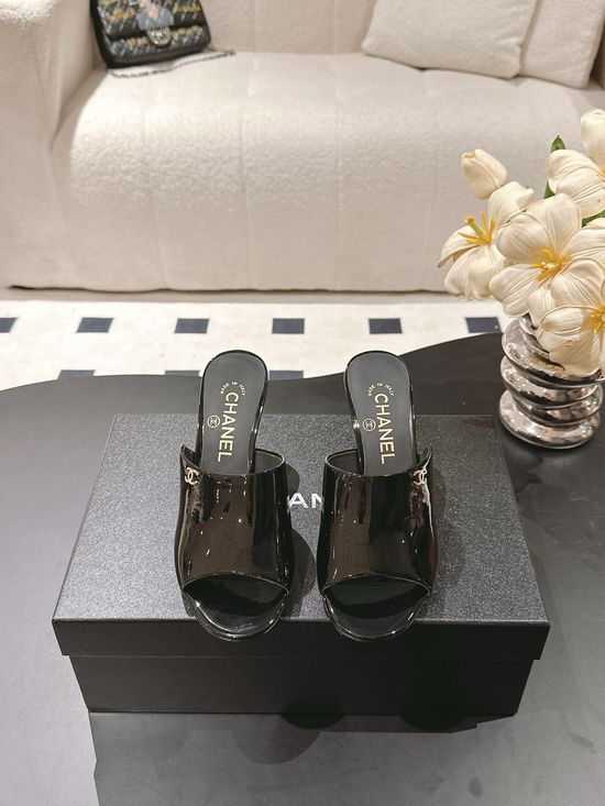 Chanel Embellished Patent Leather Heeled Slides