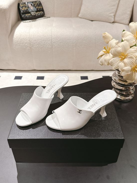 Chanel Embellished Patent Leather Heeled Slides