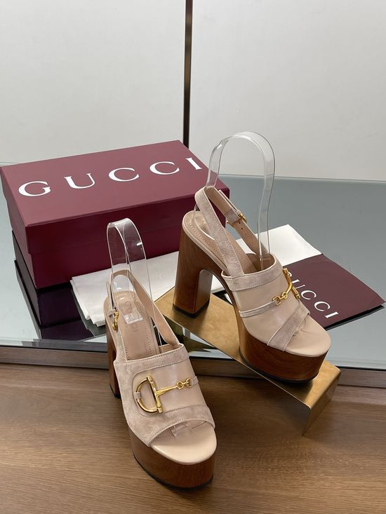 Gucci Gold Buckle Platform Wedge Heel Sandals
