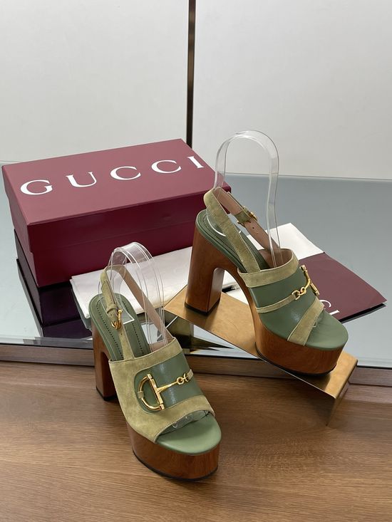 Gucci Gold Buckle Platform Wedge Heel Sandals