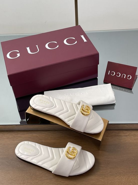 Gucci Diamond Quilted Embroidered Sole Buckle Slide Sandals