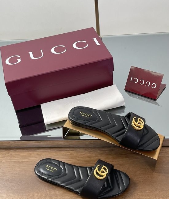Gucci Diamond Quilted Embroidered Sole Buckle Slide Sandals