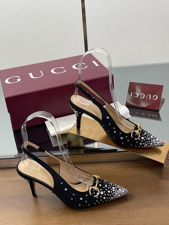 Gucci Rhinestone Pointed Toe Stiletto Pumps Silk Upper