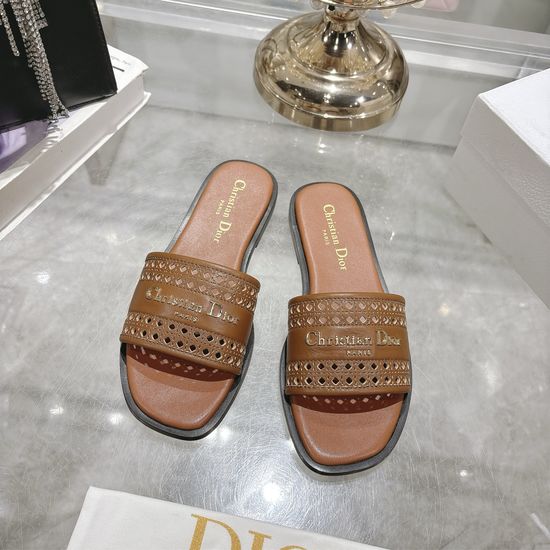 Christian Dior Round Toe Flat Slide Sandals with Metal Logo Buckle