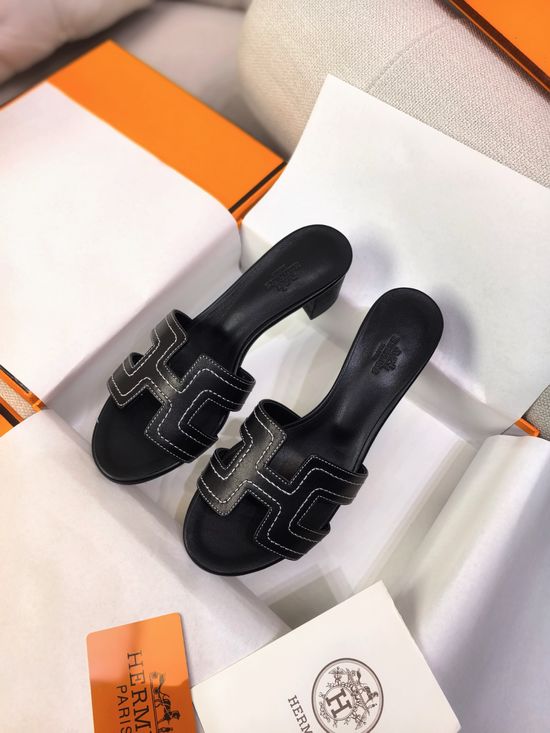 Hermes Embroidered Mid Heel Slide Sandals With Premium Leather Upper