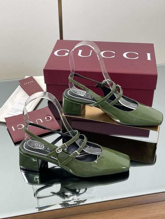 Gucci Rhinestone Buckle Slingback Chunky Heel Leather Mary Jane Shoes
