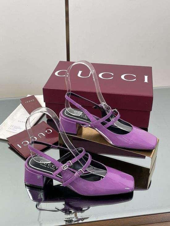 Gucci Rhinestone Buckle Slingback Chunky Heel Leather Mary Jane Shoes