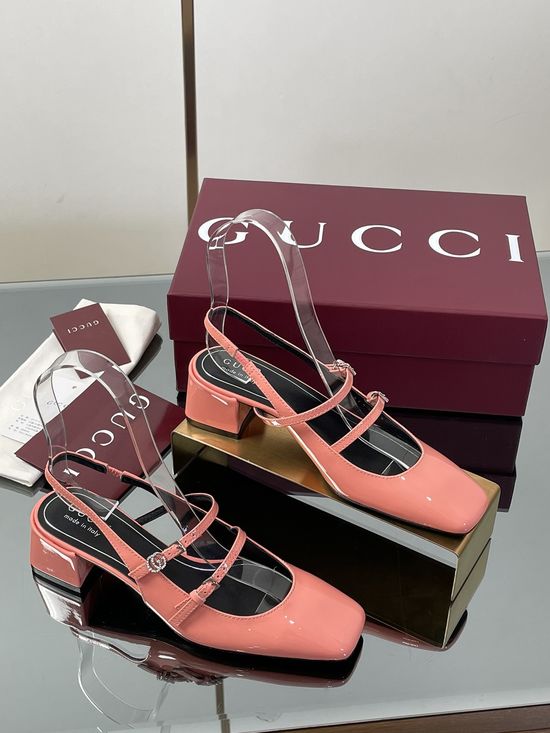 Gucci Rhinestone Buckle Slingback Chunky Heel Leather Mary Jane Shoes
