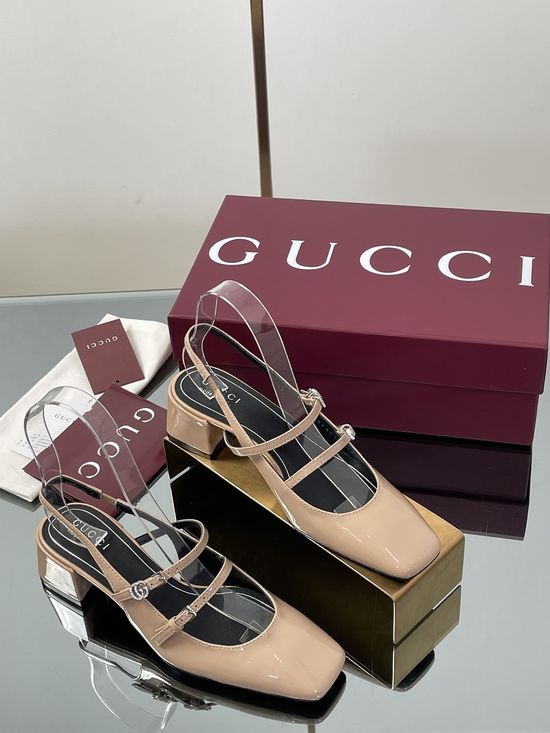 Gucci Rhinestone Buckle Slingback Chunky Heel Leather Mary Jane Shoes
