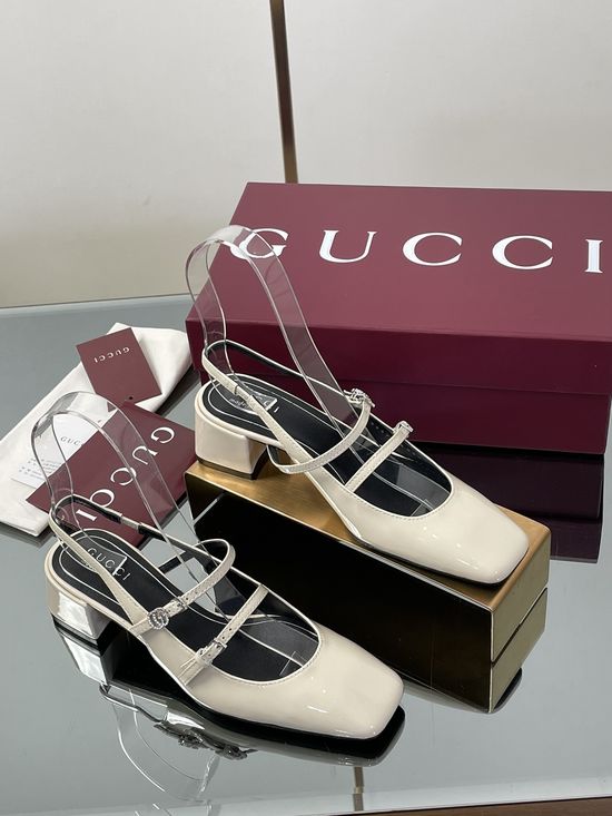 Gucci Rhinestone Buckle Slingback Chunky Heel Leather Mary Jane Shoes