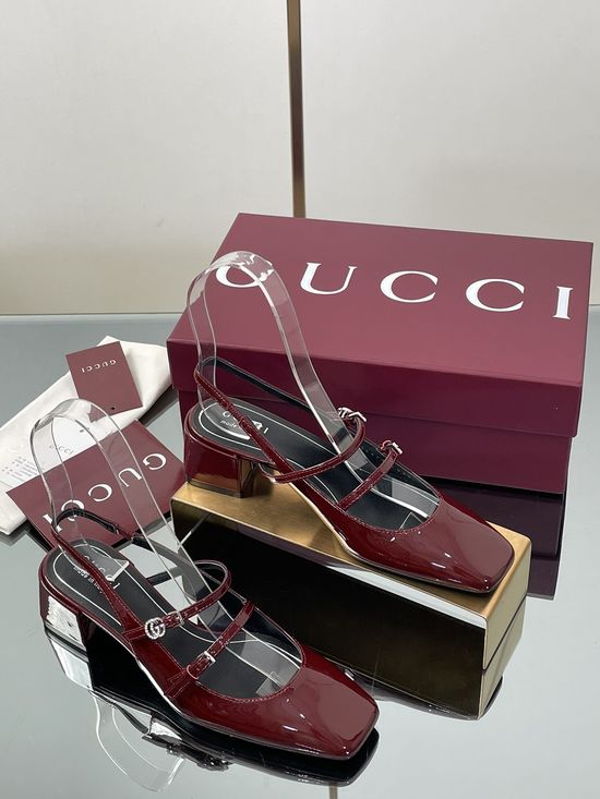 Gucci Rhinestone Buckle Slingback Chunky Heel Leather Mary Jane Shoes