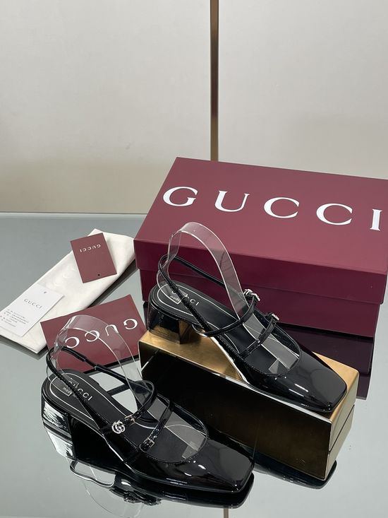 Gucci Rhinestone Buckle Slingback Chunky Heel Leather Mary Jane Shoes