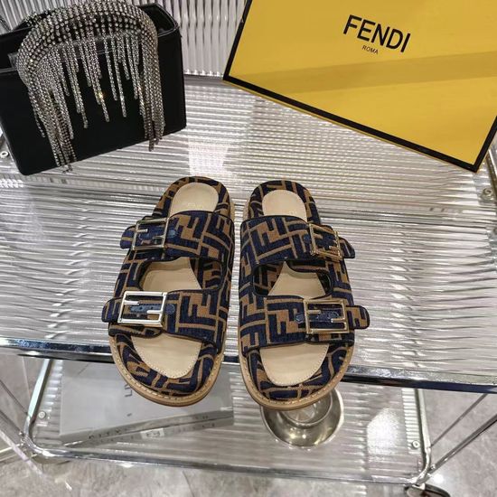 Fendi Monogrammed Two Band Leather Slide Sandals