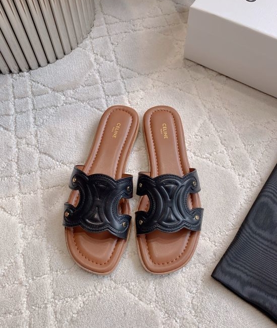 Celine Buckle Decor Chunky Heel Slides Classic Style Durable Outsole