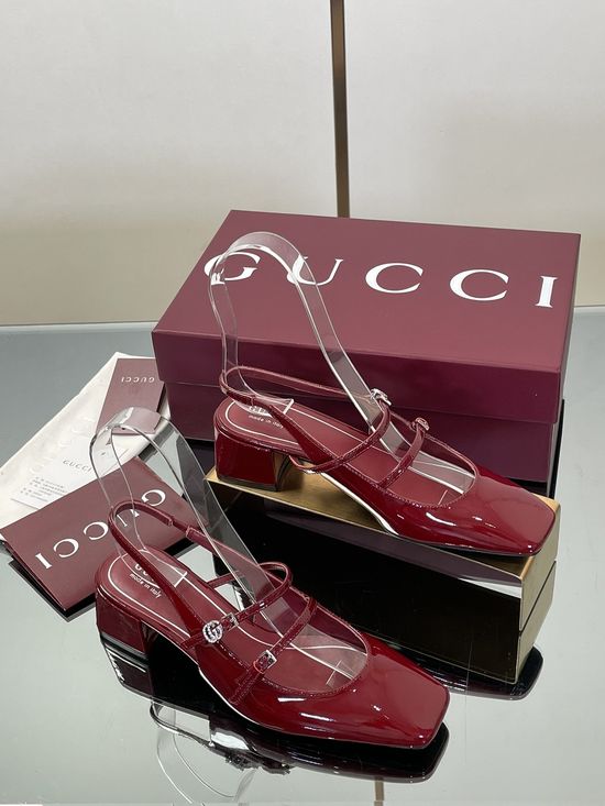 Gucci Rhinestone Buckle Slingback Chunky Heel Leather Mary Jane Shoes