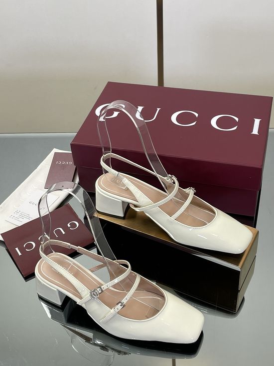 Gucci Rhinestone Buckle Slingback Chunky Heel Leather Mary Jane Shoes