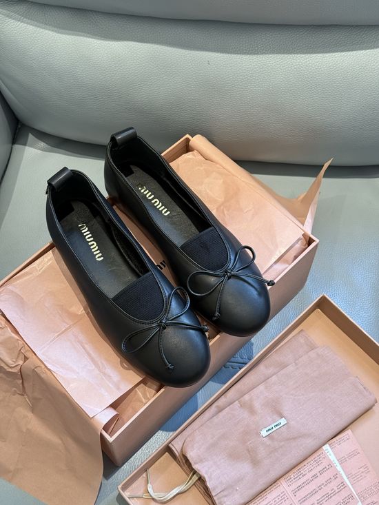 Miu Miu Soft Lambskin Bow Decor Round Toe Ballet Flats