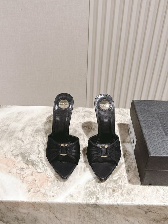 Yves Saint Laurent Elegant Silk Square Toe Stiletto Heels With Ornate Buckle