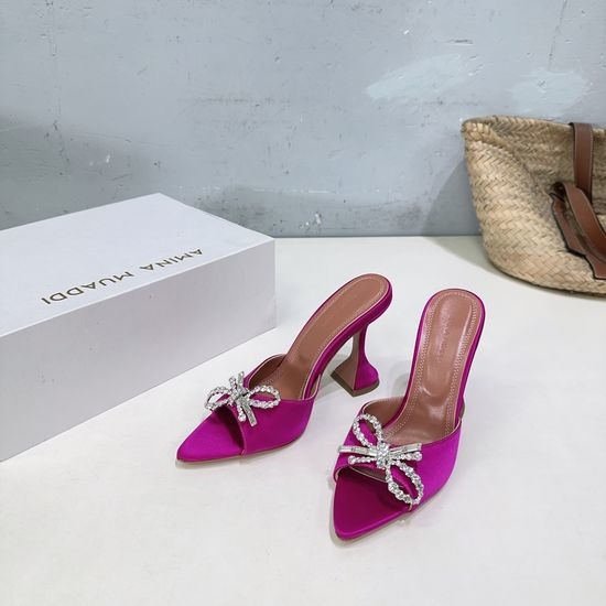 Ami Rhinestone Peep Toe Satin High Heel Slide Sandals