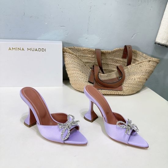 Ami Rhinestone Peep Toe Satin High Heel Slide Sandals