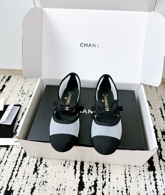 Chanel Bow Decor Mesh Silk Mary Jane Leather Shoes
