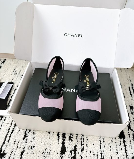 Chanel Bow Decor Mesh Silk Mary Jane Leather Shoes