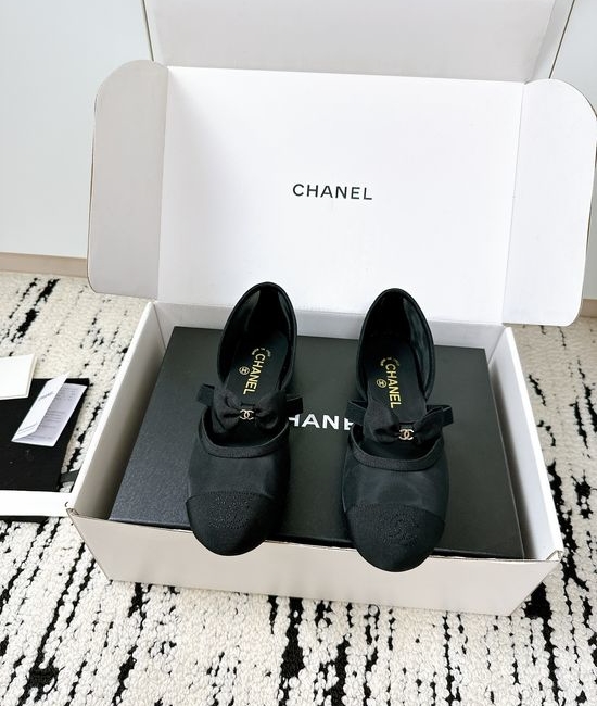 Chanel Bow Decor Mesh Silk Mary Jane Leather Shoes