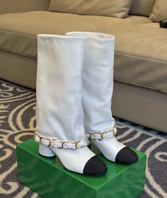 Chanel Genuine Leather Chain Decor Chunky Shaft Tall Boots